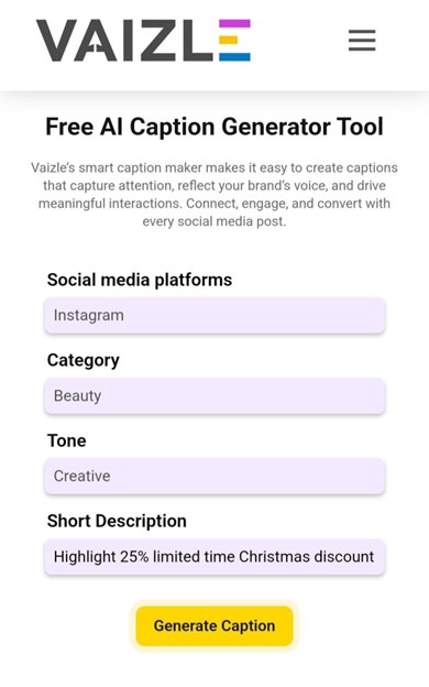 Screenshot of Vaizle’s free AI Caption Generator tool