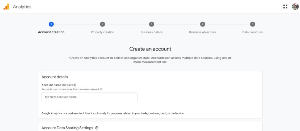 Screenshot of Google Analytics 4 creation process