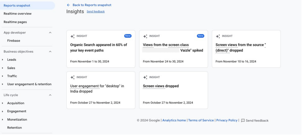 Screenshot of Google Analytics 4 including Insights section