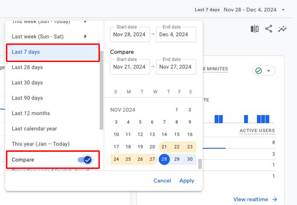 GA4 screenshot of setting dates in reports