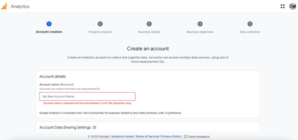 Screenshot of Google Analytics 4 creation process.