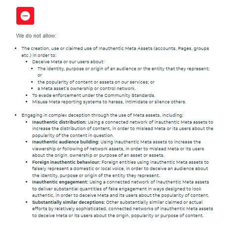 Screenshot of Meta's community guidelines highlighting their stance against paid engagement. 