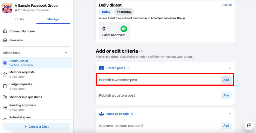 Screenshot of Facebook group Admin Assist section.  