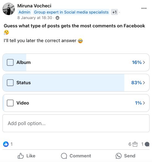 Screenshot of a post featuring a poll in Facebook group.  