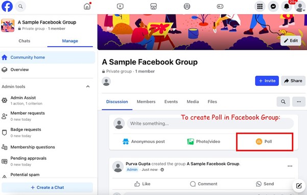 Screenshot highlighting the ’Poll’ button in Facebook group.  