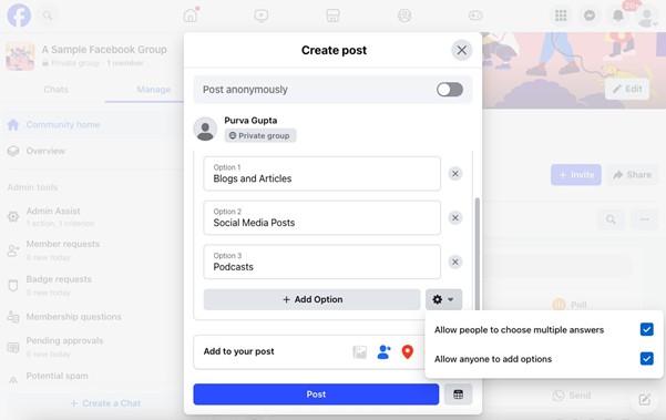 Process of creating a poll in Facebook group.  