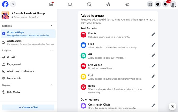 Screenshot of Facebook Group settings.  