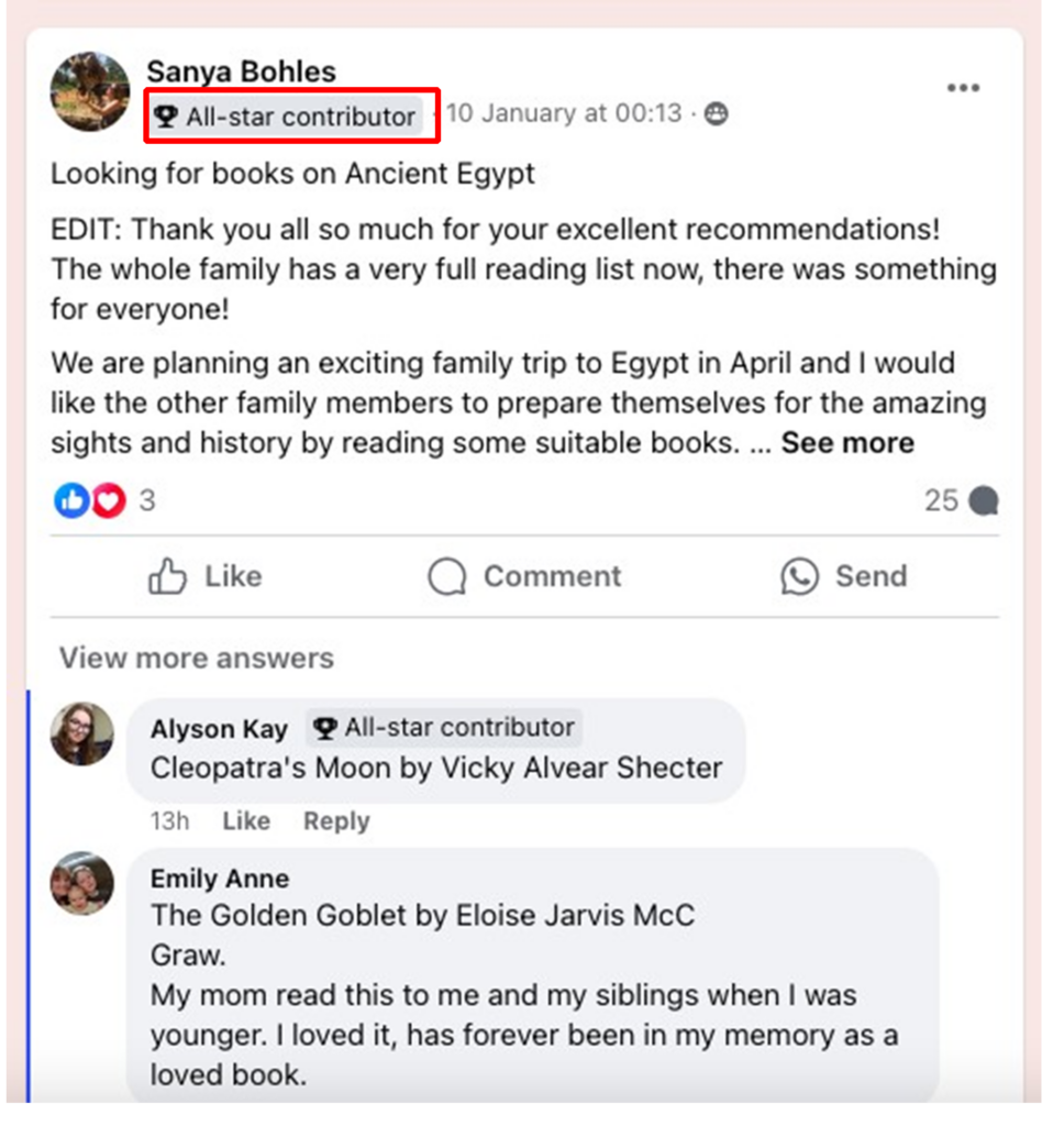Screenshot of a Facebook Group post highlighting the “All-star contributor” tag.  