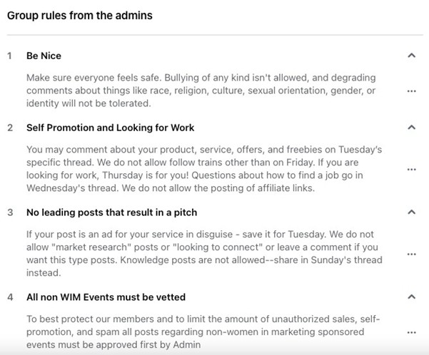 Group rules from the admins in a Facebook group.  