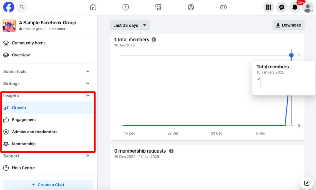 Screenshot of Facebook Group Insights section.  