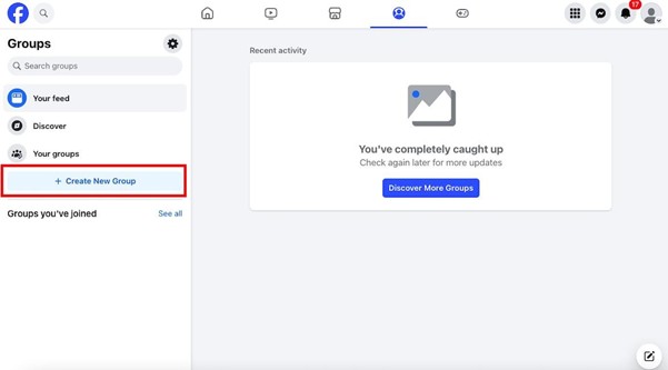 Screenshot highlighting the ”Create New Group” button in the Facebook Group section.  