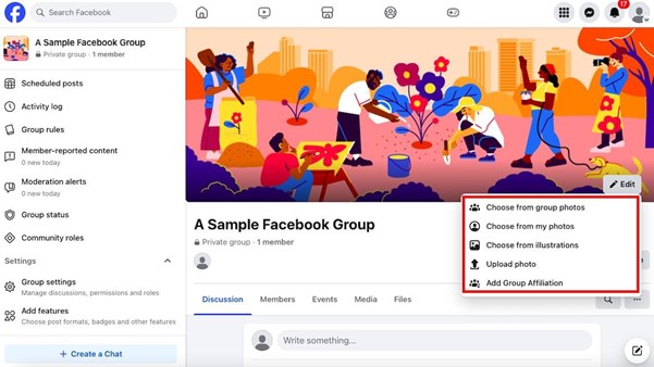 Screenshot showing how to add cover photo and description to the newly created Facebook group.  