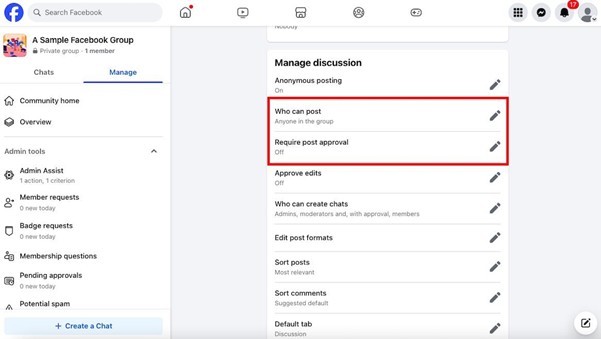 Screenshot depicting how to manage who can post in your Facebook group.  