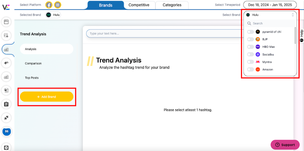 How to select and add a brand in Vaizle trend analysis?