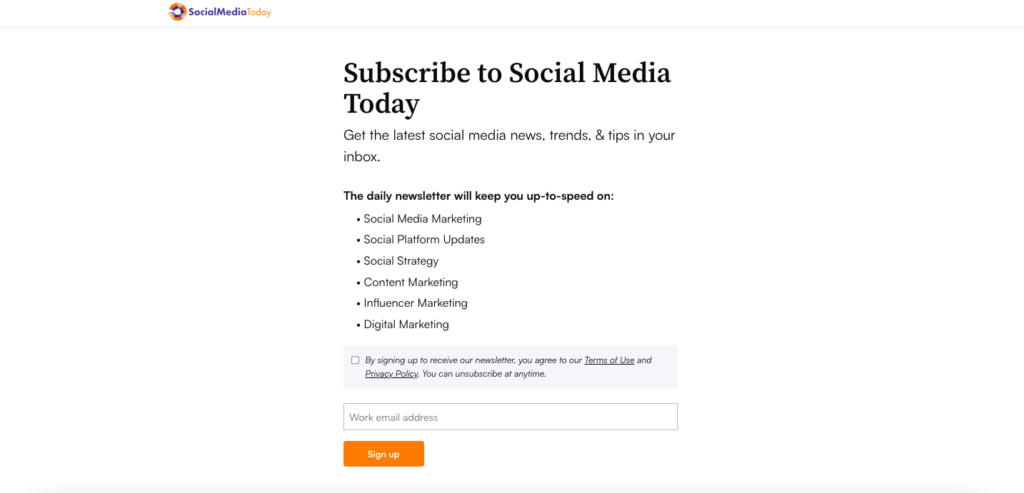 Social Media Today newsletter subscription page. 