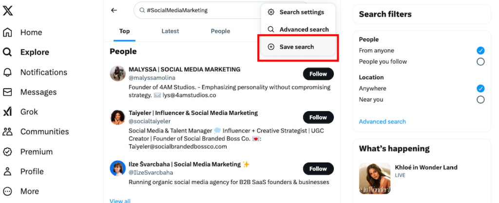 Screenshot highlighting the 'Save Search' option on X (Twitter). 