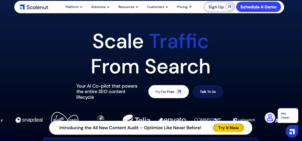 Scalenut homepage with title "Scale Traffic From Search"