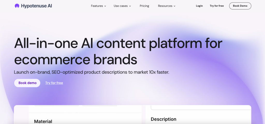 Hypotenuse AI homepage with title "All-in-one AI content platform for ecommerce brands"