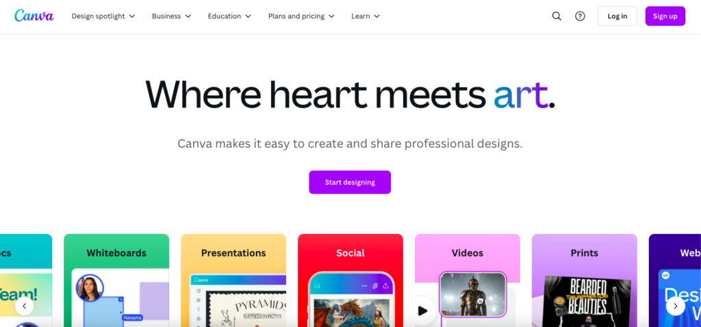 Canva homepage with title "Where heart meets art"