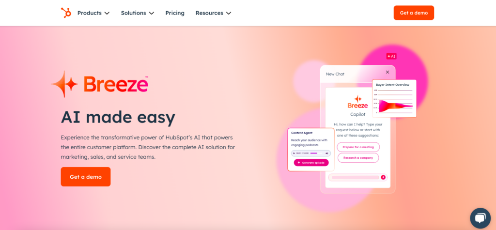 HubSpot AI homepage with title "Breeze–AI made easy" and a CTA button for booking a demo.