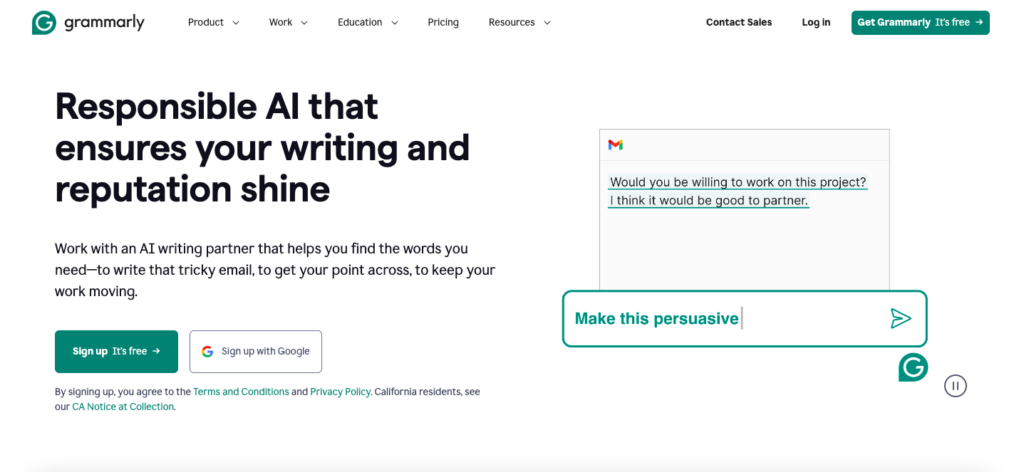 Grammarly homepage with title "Responsible AI that ensures your writing and reputation shine"