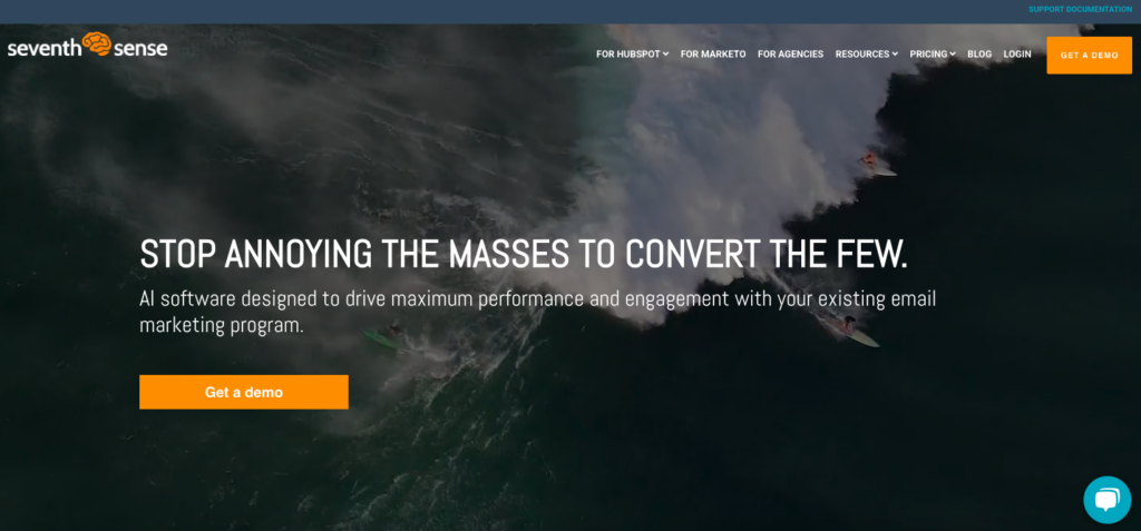 Seventh Sense homepage with title "Stop Annoying the Masses to Convert the Few"