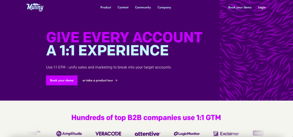 Mutiny homepage with title "Give every account a 1:1 experience"