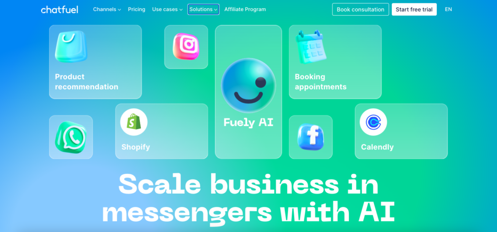 Chatfuel AI homepage with title "Scale business in messengers with AI"