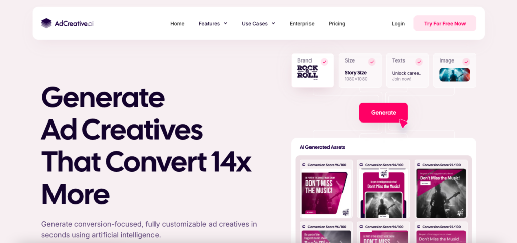 AdCreative.ai homepage with title "Generate Ad Creatives That Convert 14x More"