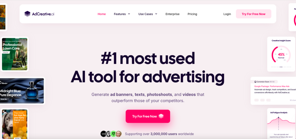 AdCreative homepage with title "#1 most used AI tool for advertising"