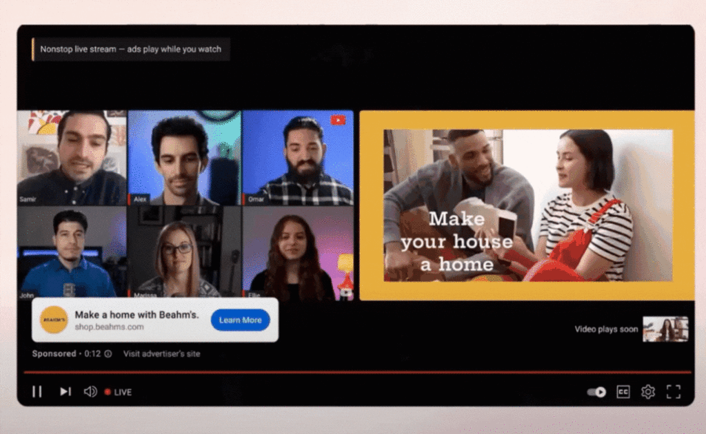 YouTube side by side livestream ads