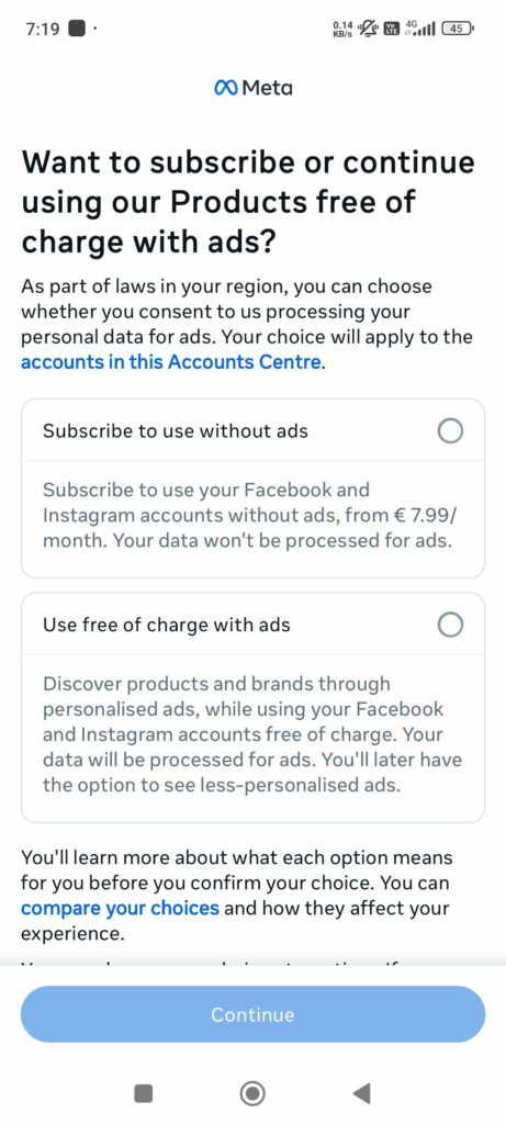 A prompt to switch to Meta's ad-free subscription