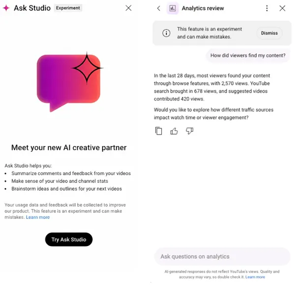 YouTube Ask studio assistant screenshot