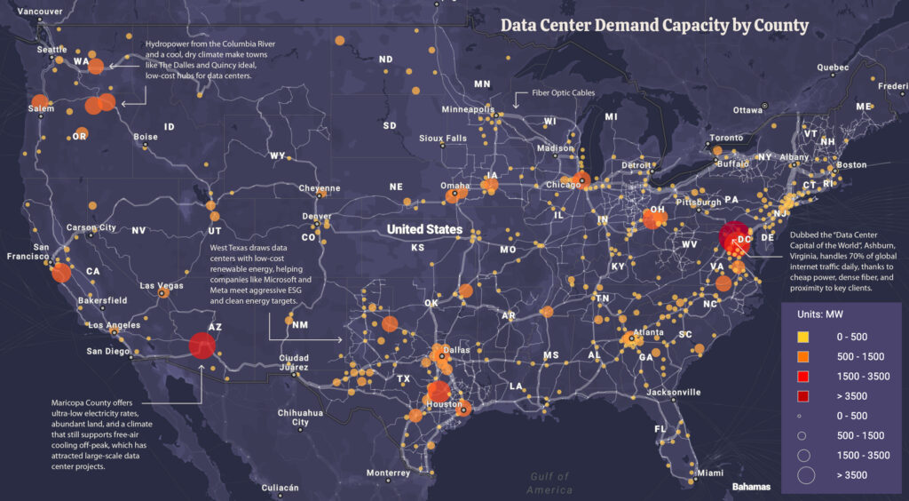 U.S. map showing interconnection queues and high-demand AI zones.