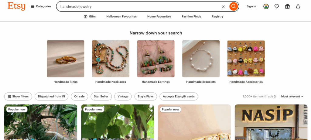 Etsy marketplace showing results for handmade jewelry item. 