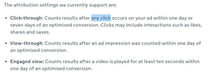 Meta's official help documentation clearly mentioning any click occurring on ad counts as a conversion. 