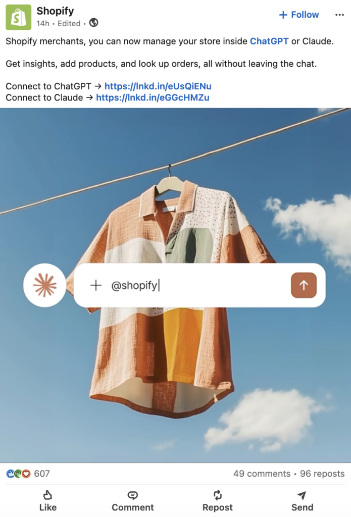 LinkedIn post by Shopify highlighting their new AI connectors