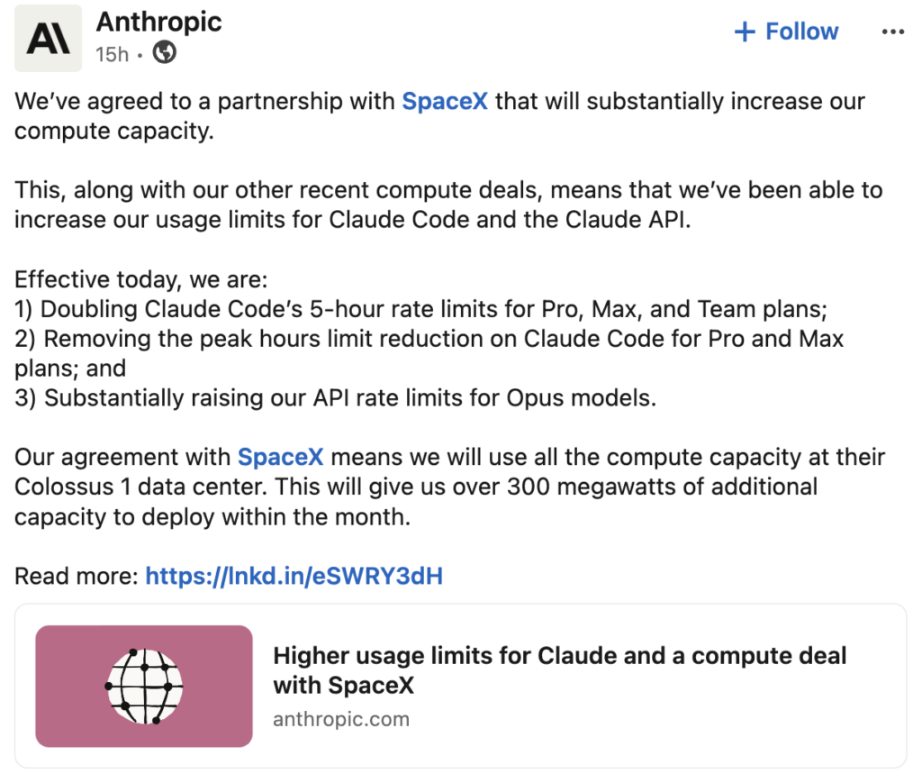 Anthropic announced higher Claude Code and Opus limits after signing a compute deal with SpaceX.