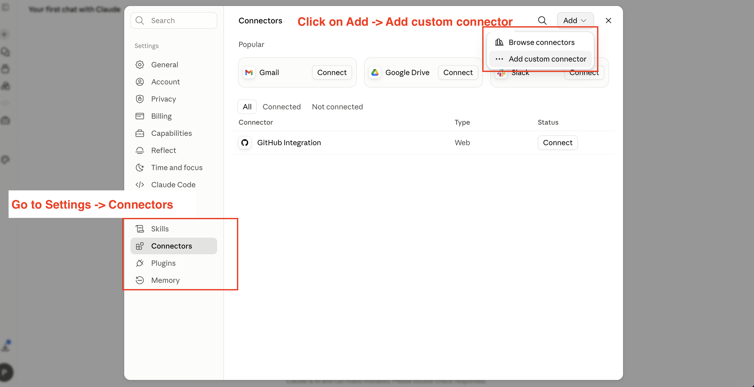 Open Claude custom connectors to connect Facebook Ads data