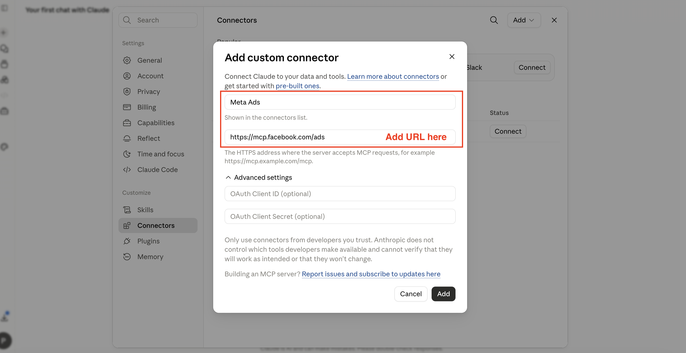 Add the official Meta Ads MCP URL to Claude
