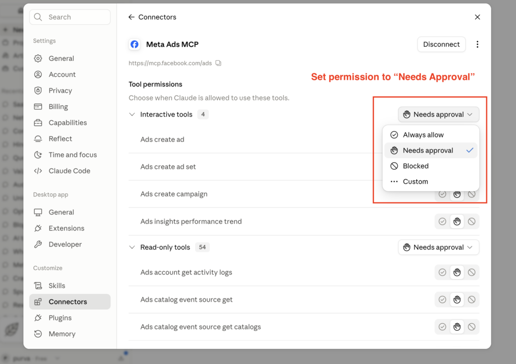 Authenticate a Meta Ads account with the Claude MCP connector