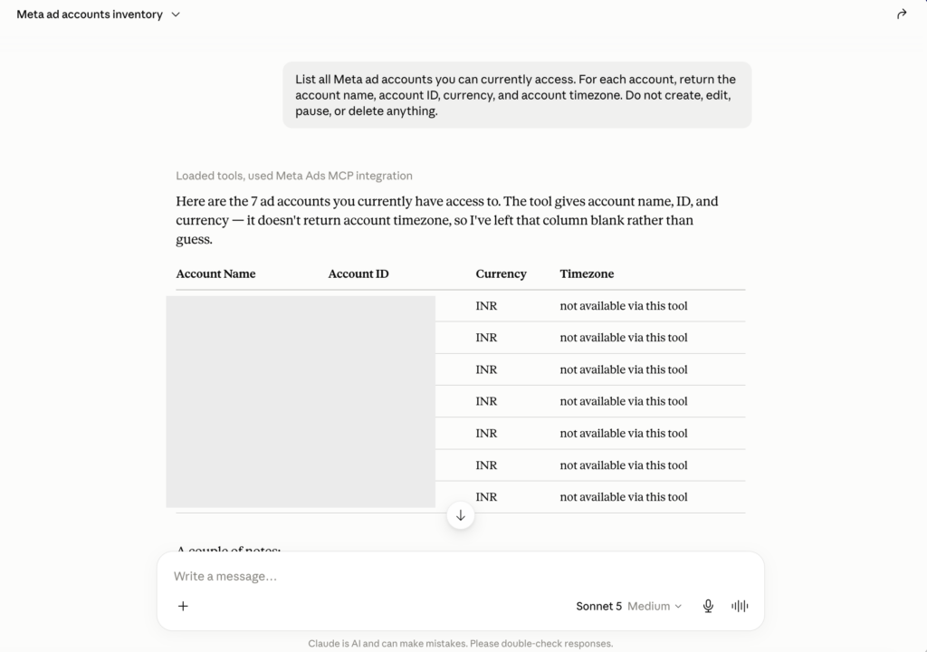 Verify that Claude can access the correct Facebook Ads account